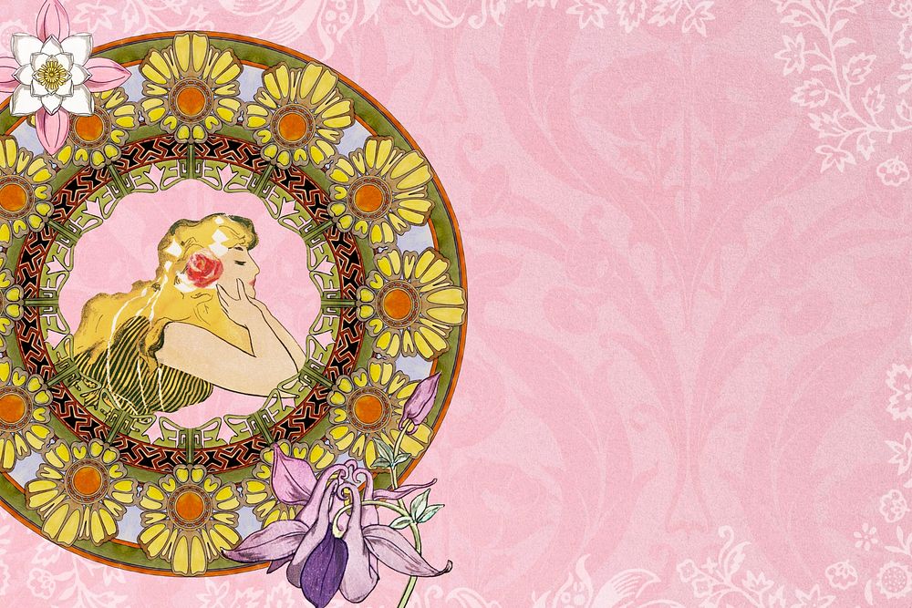Pink vintage woman background, aesthetic leafy patterned background, remixed from the artwork of Alphonse Mucha