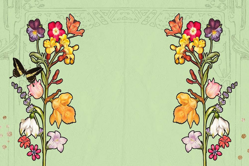 Green background, vintage flower border, remixed by rawpixel