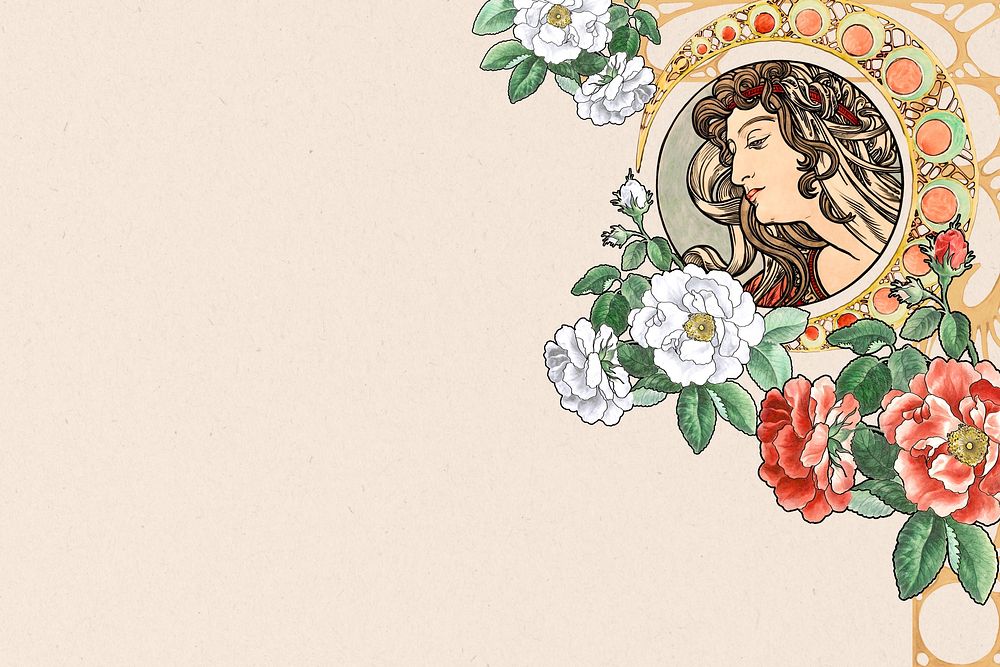Vintage woman border background, Alphonse Mucha's famous artwork, remixed by rawpixel