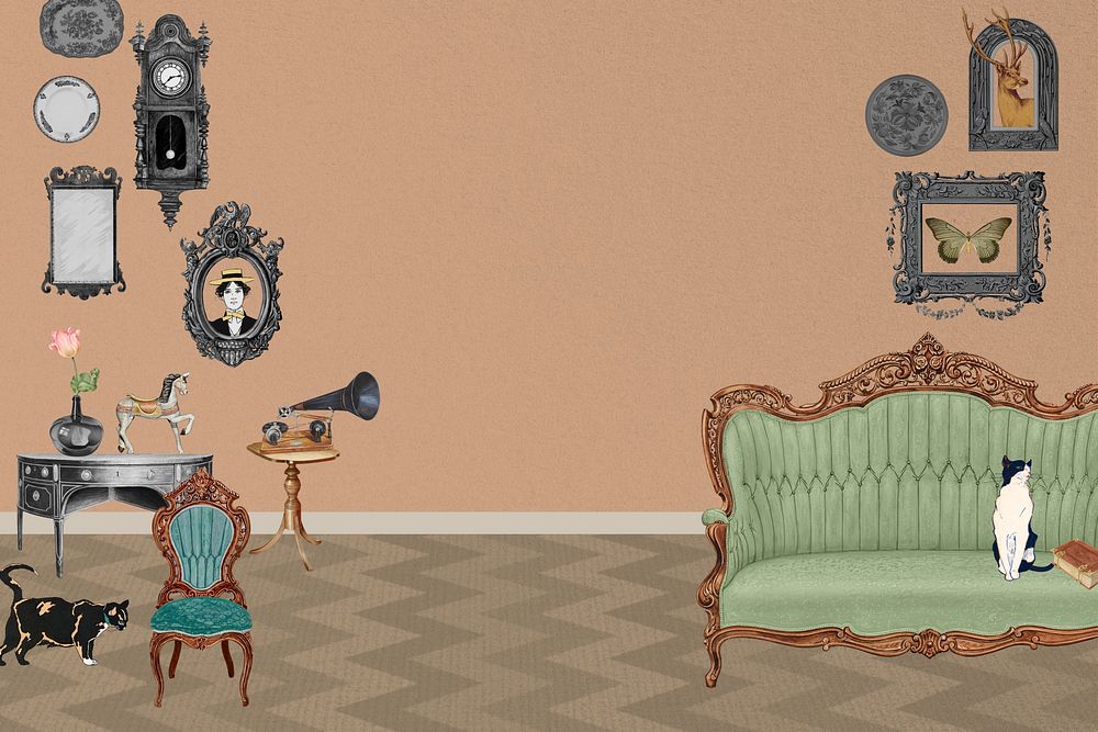 Art Nouveau living room background, cats in a house drawing, remixed by rawpixel