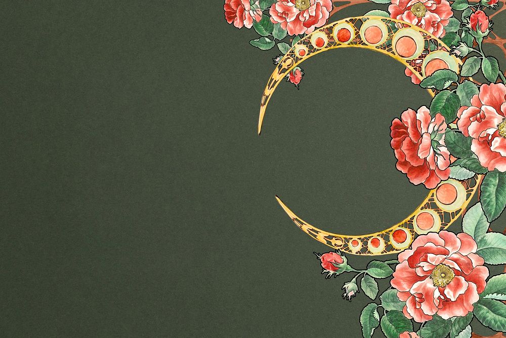 Green background, floral crescent moon, remixed by rawpixel