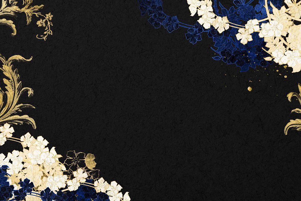 Aesthetic black background, gold flower border, remixed by rawpixel