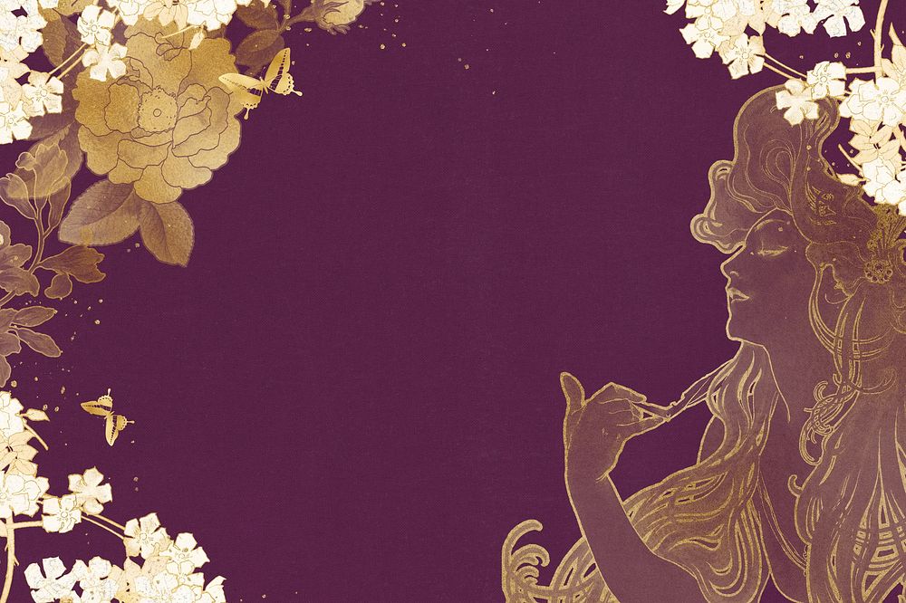 Gold floral frame background, Alphonse Mucha's woman vintage illustration, remixed by rawpixel
