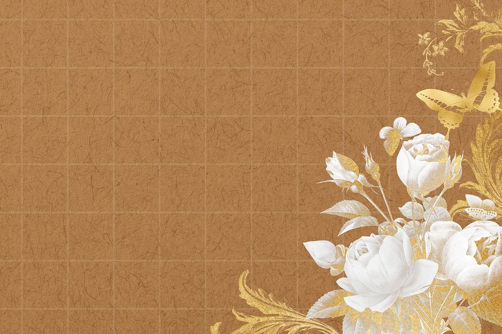 Brown grid background, rose border, remixed by rawpixel