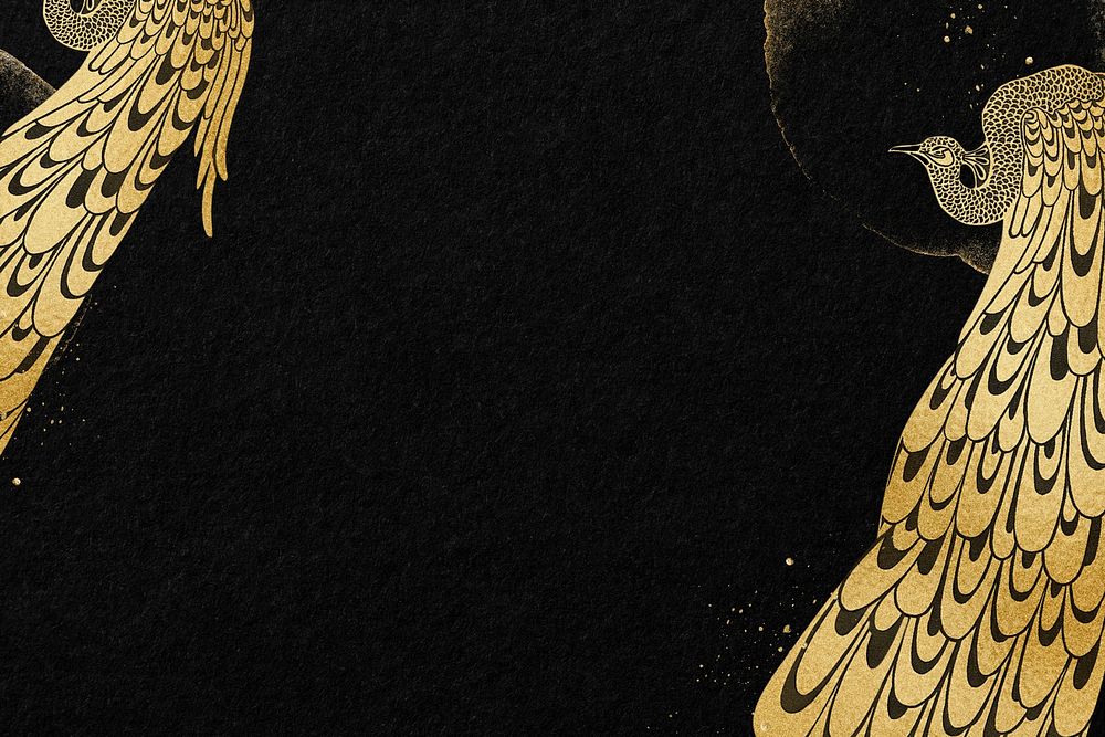 Aesthetic black background, gold peacock border illustration, remixed by rawpixel