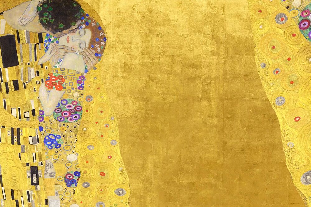 Klimt's The Kiss background, vintage yellow design, remixed by rawpixel