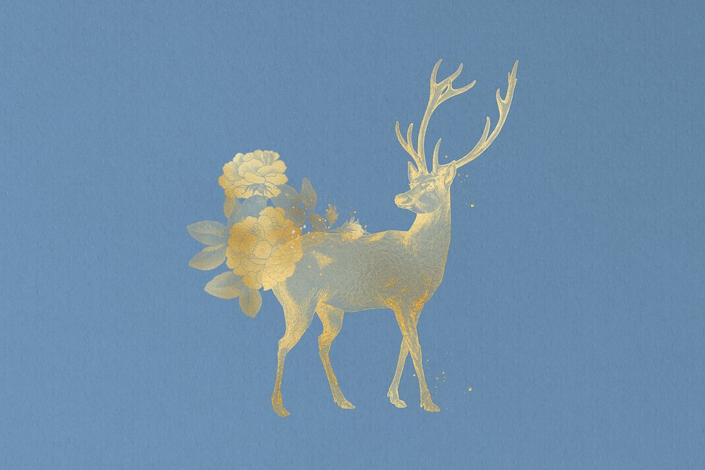 Aesthetic gold deer, blue background, remixed by rawpixel