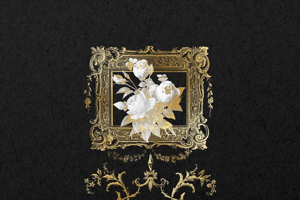 Aesthetic black background, gold flower picture frame, remixed by rawpixel