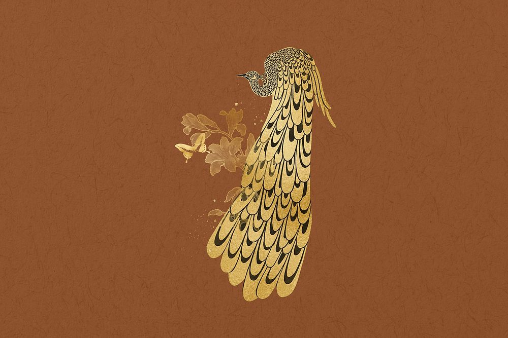 Gold peacock, brown background, remixed by rawpixel