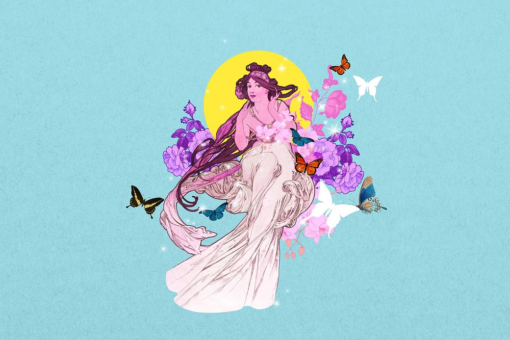 Vintage flower woman background, Music (from Les Arts) by Alphonse Mucha, remixed by rawpixel