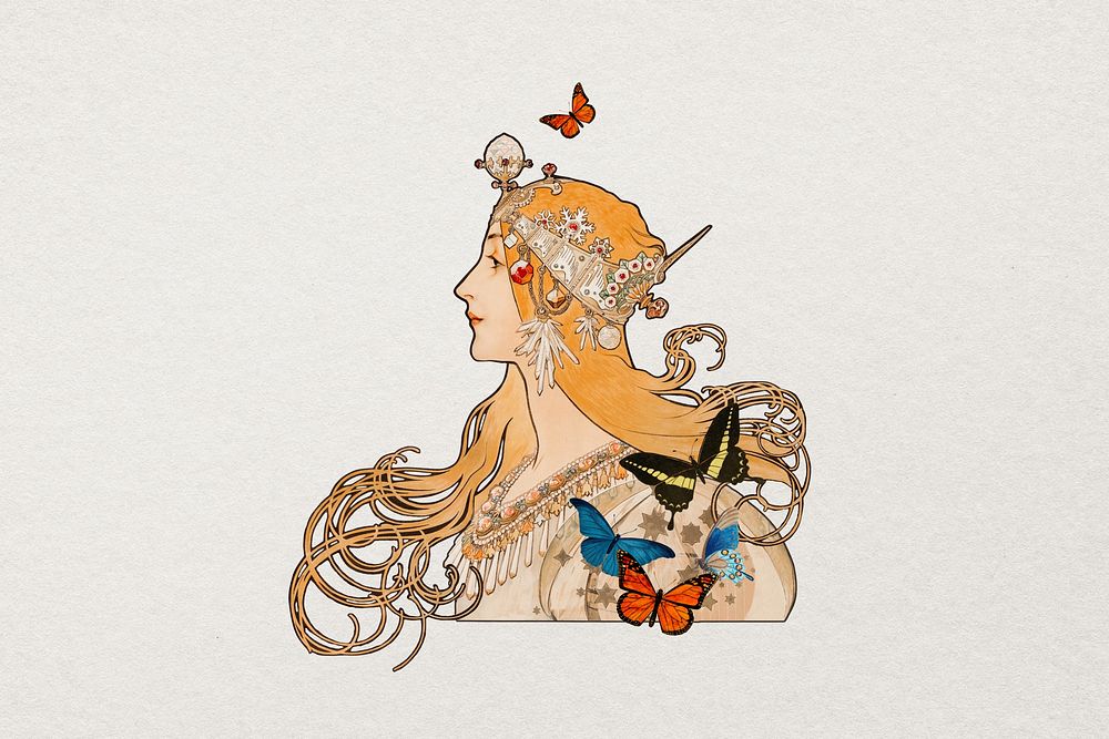 Alphonse Mucha's Zodiac background, vintage woman illustration, remixed by rawpixel