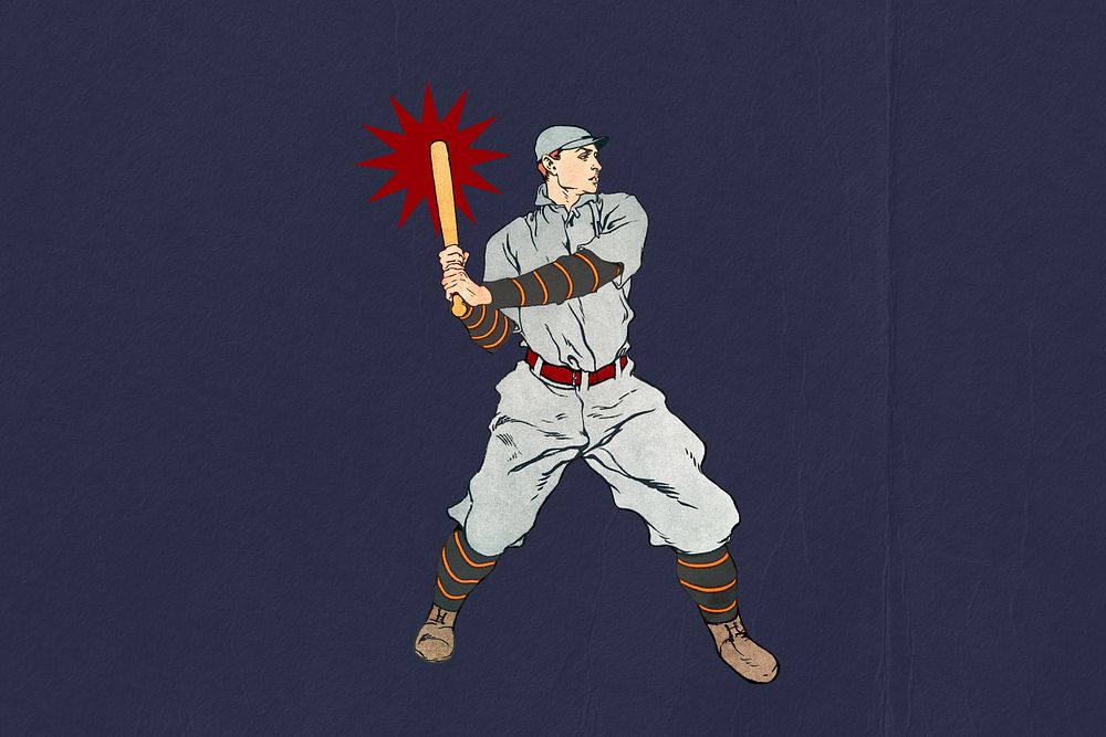 Baseball player, blue background, athlete drawing, remixed by rawpixel