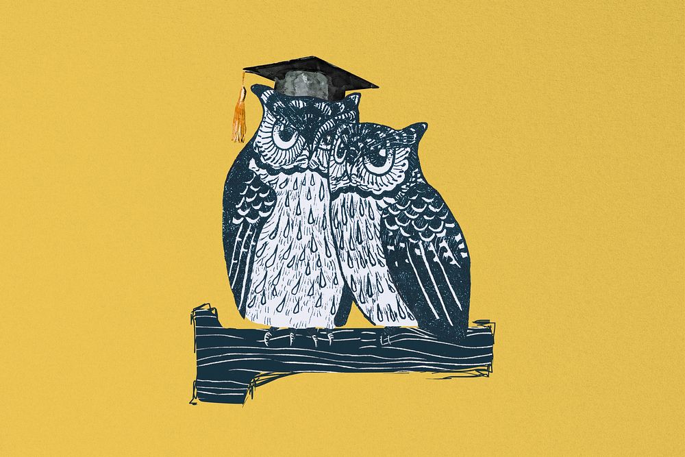 Educational owl on yellow background, animal illustration, remixed by rawpixel