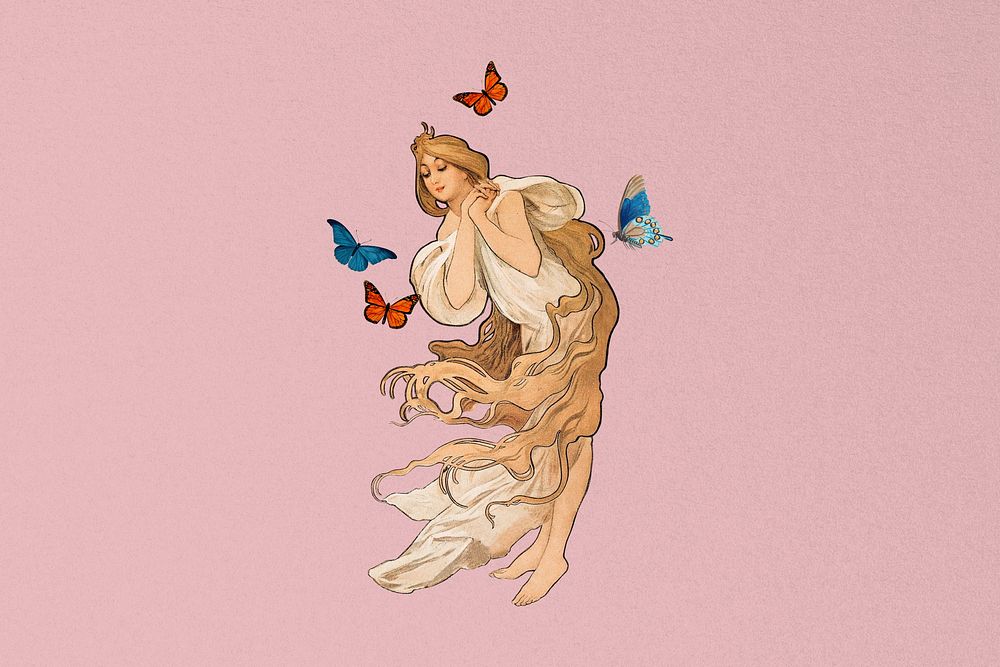 Vintage butterfly woman background, remixed from the artwork of Alphonse Mucha