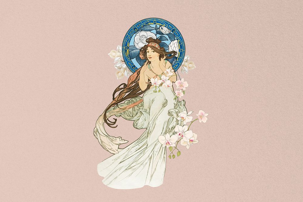 Vintage flower goddess background, art nouveau style, remixed from the artwork of Alphonse Mucha