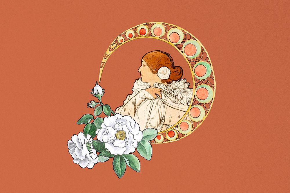 Art nouveau lady background, orange floral design, remixed by rawpixel