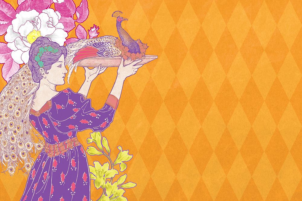 Woman carrying peacock background, vintage orange pattern, remixed from the artwork of Louis Rhead