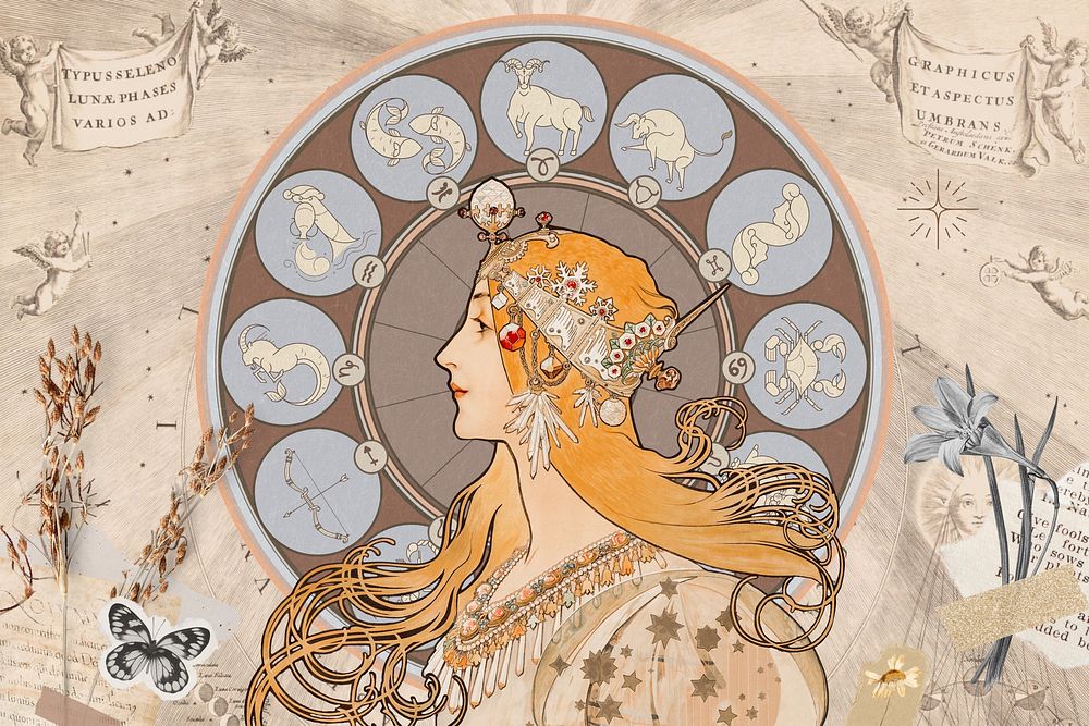 Alphonse Mucha's zodiac background, famous Art Nouveau artwork, remixed by rawpixel