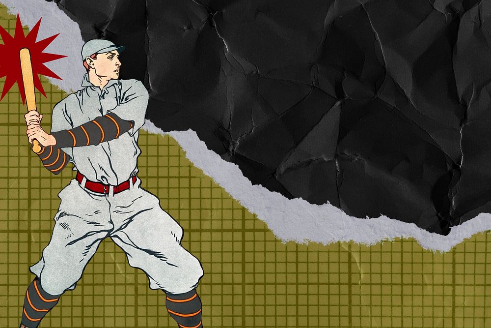 Baseball player, black paper background, grid green border, remixed by rawpixel