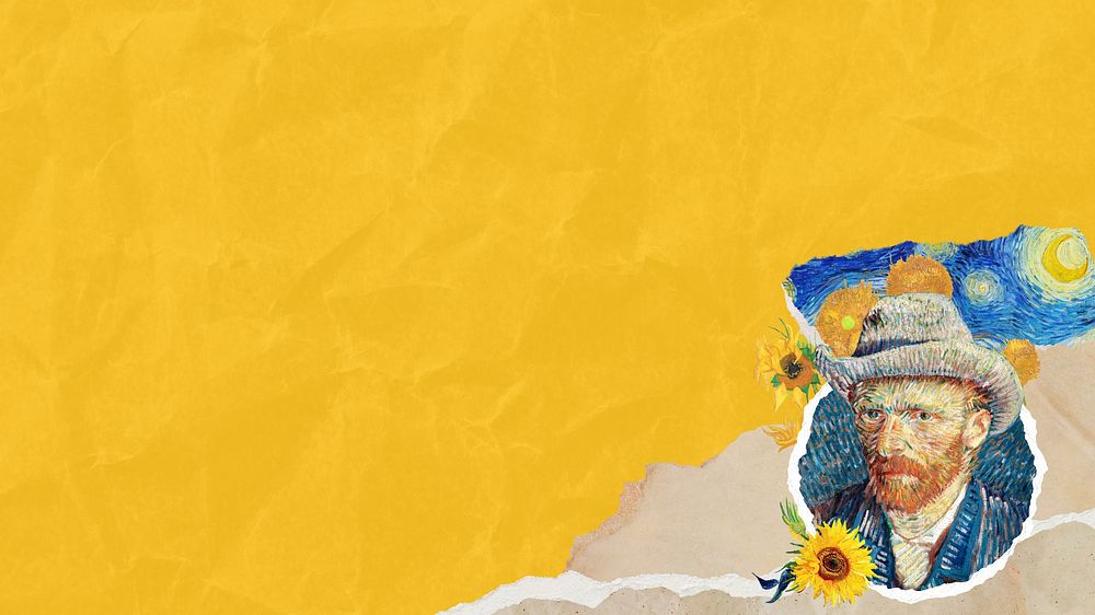 Wrinkled yellow paper background, Van Gogh's self-portrait blue border, remixed by rawpixel