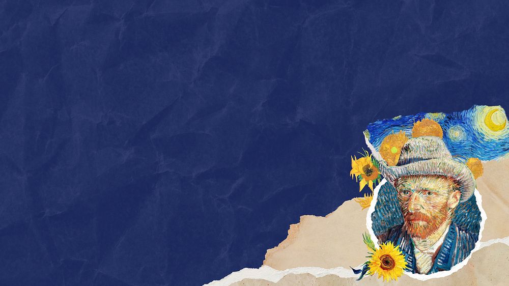 Wrinkled blue paper desktop wallpaper, Van Gogh's self-portrait blue border, remixed by rawpixel