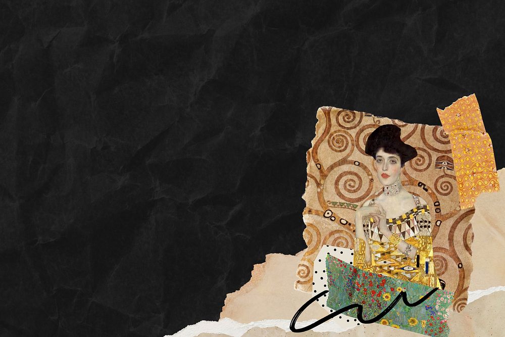 Gustav Klimt's wrinkled black background, famous painting border collage design, remixed by rawpixel