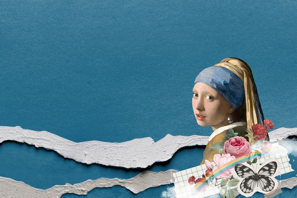 Vermeer pearl earring background, ripped paper design. Famous art remixed by rawpixel.