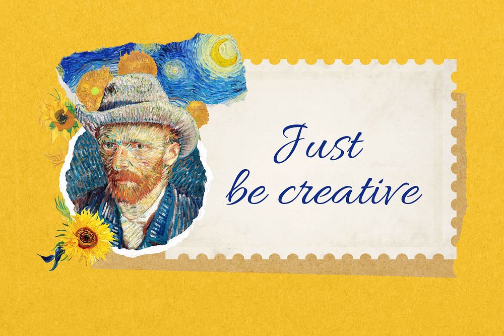Van Gogh's self-portrait postage stamp, just be creative note collage element, remixed by rawpixel