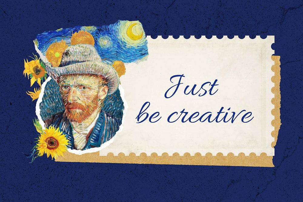 Just be creative note, Van Gogh's self-portrait postage stamp collage element, remixed by rawpixel