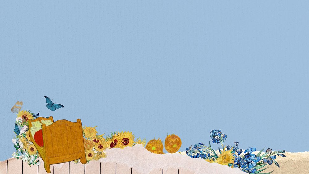 Blue desktop wallpaper, Van Gogh's famous artwork painting border, remixed by rawpixel