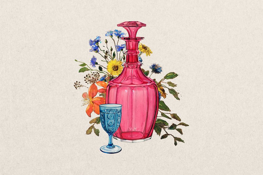 Floral pink bottle white background. Vintage art remixed by rawpixel.