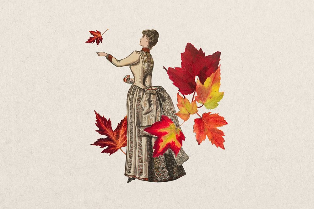 Victorian woman and autumn leaves background, remixed by rawpixel