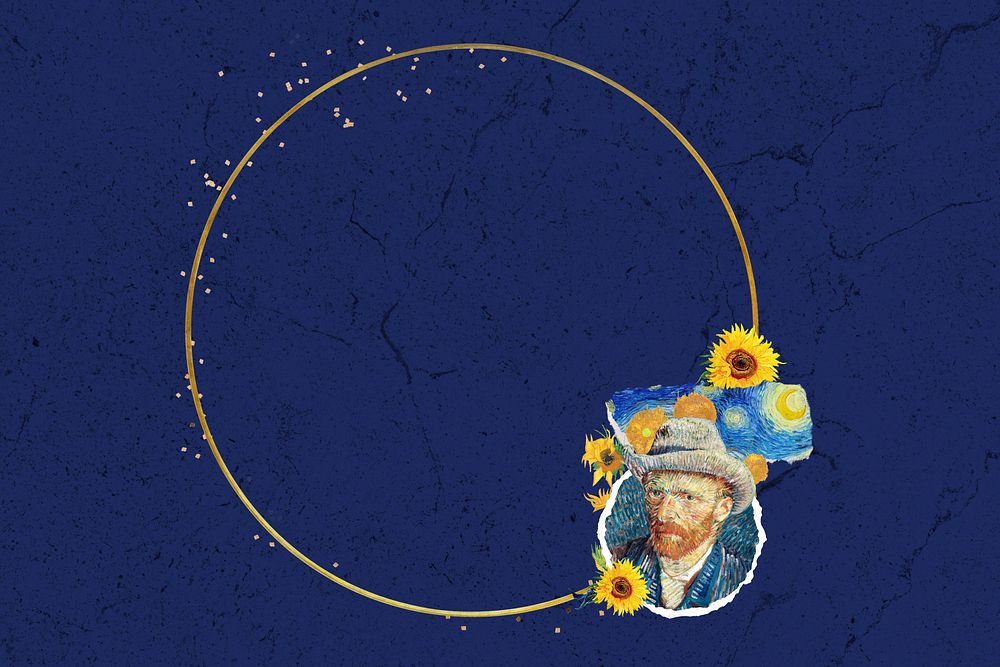 Round gold frame, blue background, Van Gogh's self-portrait collage design, remixed by rawpixel