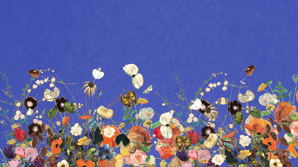 Floral blue desktop wallpaper, oil painting design, remixed by rawpixel