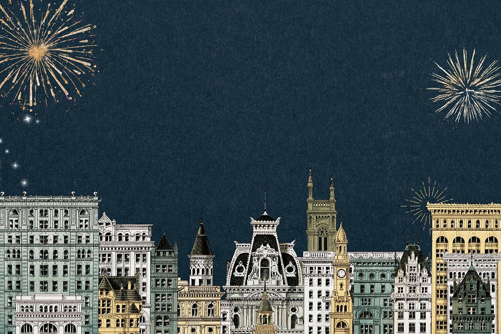 City architecture border, blue background. Vintage art remixed by rawpixel.