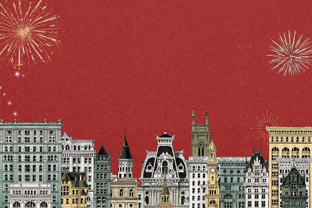 City architecture border, red background. Vintage art remixed by rawpixel.