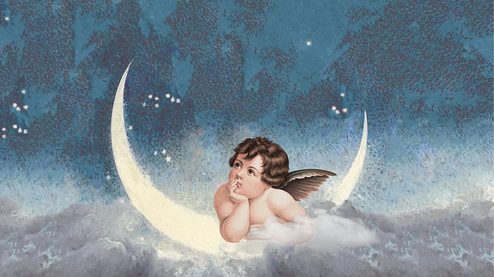 Aesthetic vintage cherub desktop wallpaper, crescent moon design, remixed by rawpixel