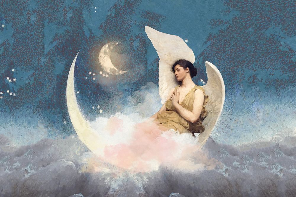Vintage angel background, aesthetic crescent moon night sky design, remixed by rawpixel