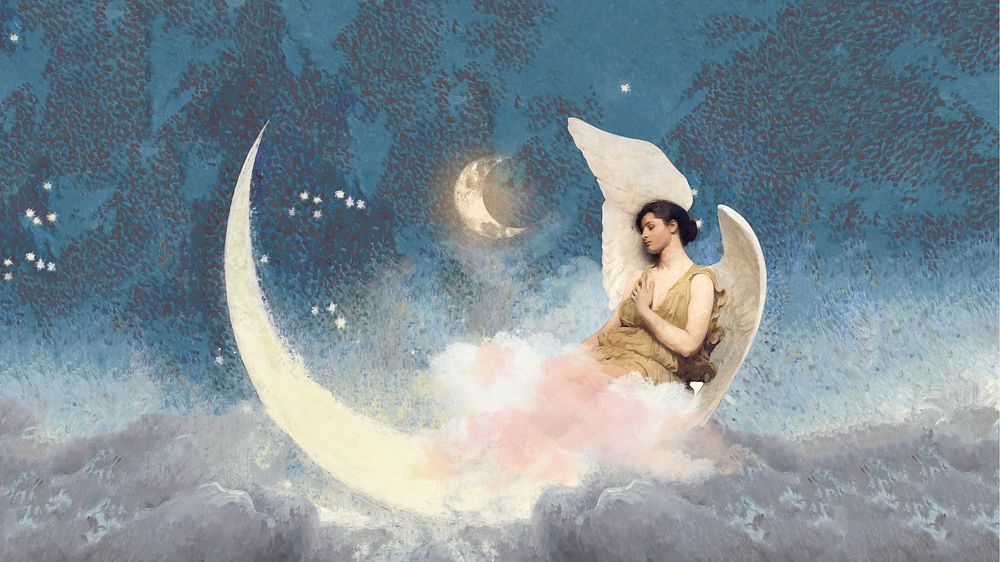 Aesthetic vintage angel desktop wallpaper, crescent moon night sky design, remixed by rawpixel