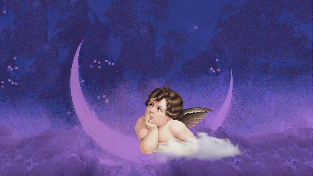 Aesthetic vintage cherub desktop wallpaper, crescent moon design, remixed by rawpixel