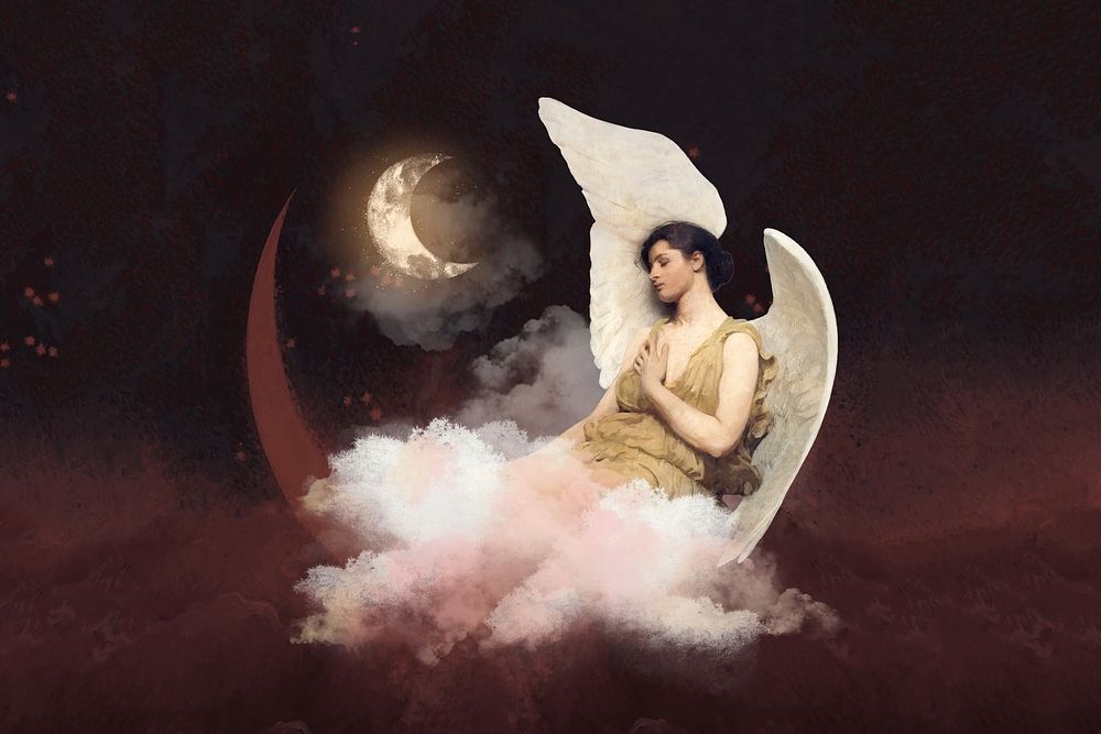 Aesthetic vintage angel background, crescent moon night sky design, remixed by rawpixel