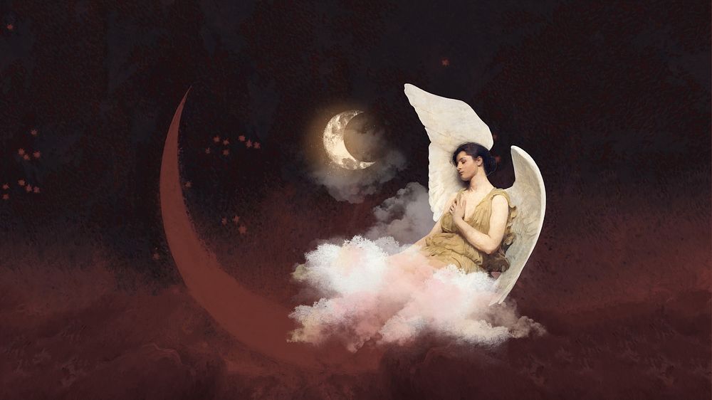 Aesthetic vintage angel desktop wallpaper, crescent moon night sky design, remixed by rawpixel
