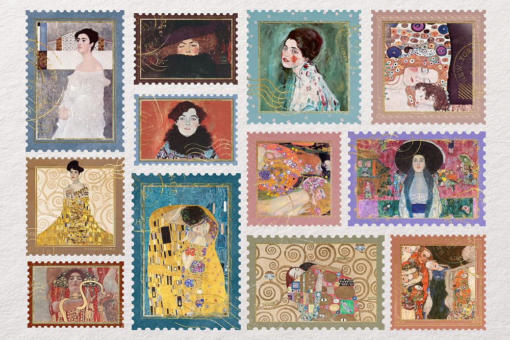 Famous painting postage stamp, Gustav Klimt's artwork set, remixed by rawpixel