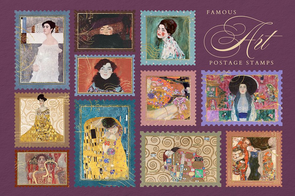Gustav Klimt's postage stamp, famous artwork set, remixed by rawpixel