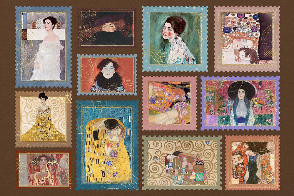 Famous painting postage stamp, Gustav Klimt's artwork set, remixed by rawpixel