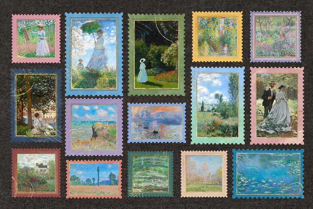 Claude Monet postage stamp set. Famous art remixed by rawpixel.