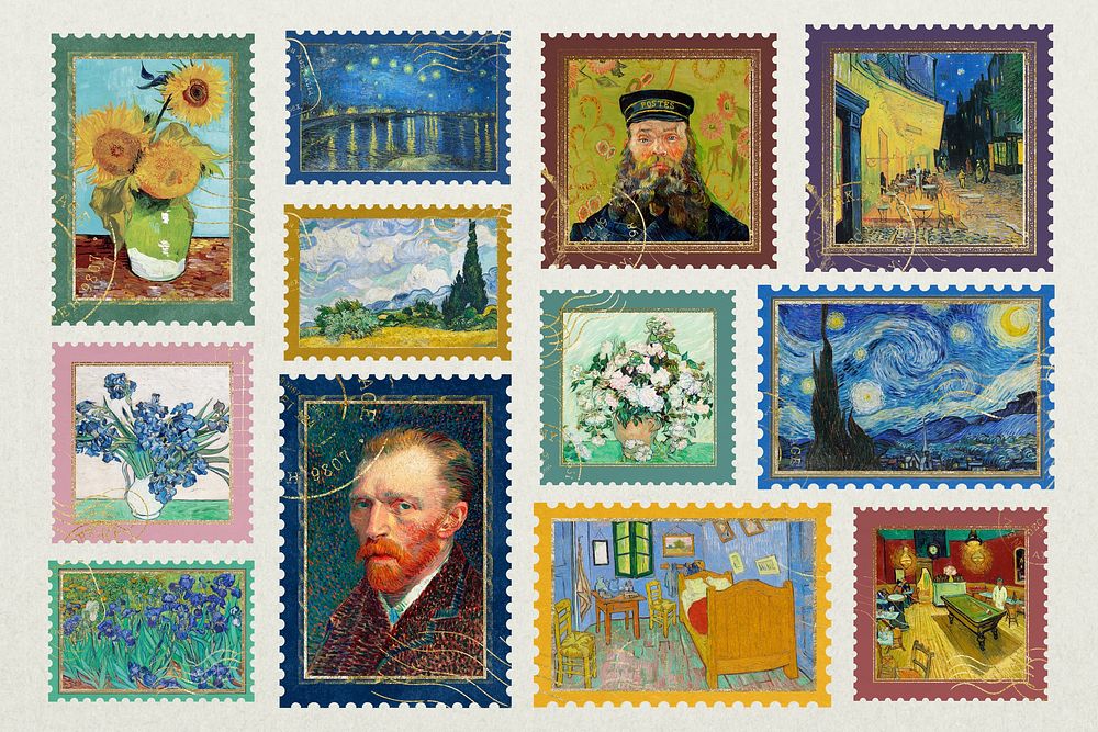 Van Gogh's postage stamp, famous artwork set, remixed by rawpixel