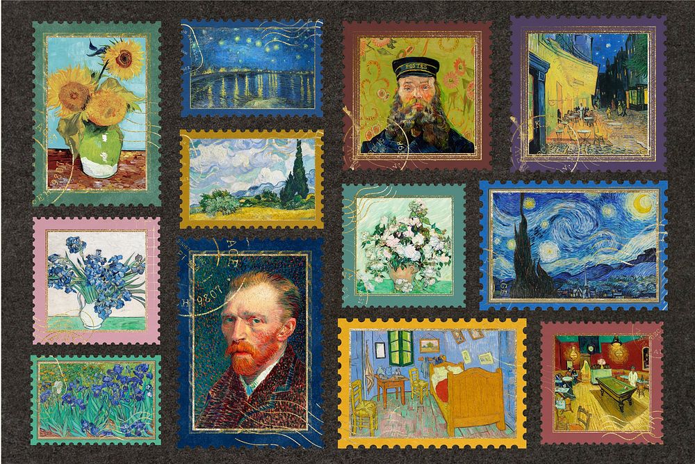Van Gogh's postage stamp, famous artwork set, remixed by rawpixel