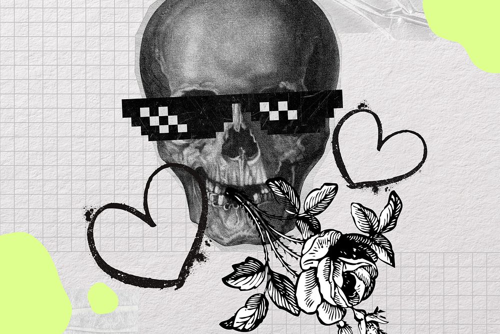 Skeleton smoking flower background, abstract paper collage