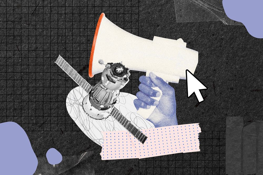 Megaphone satellite communication background, abstract paper collage